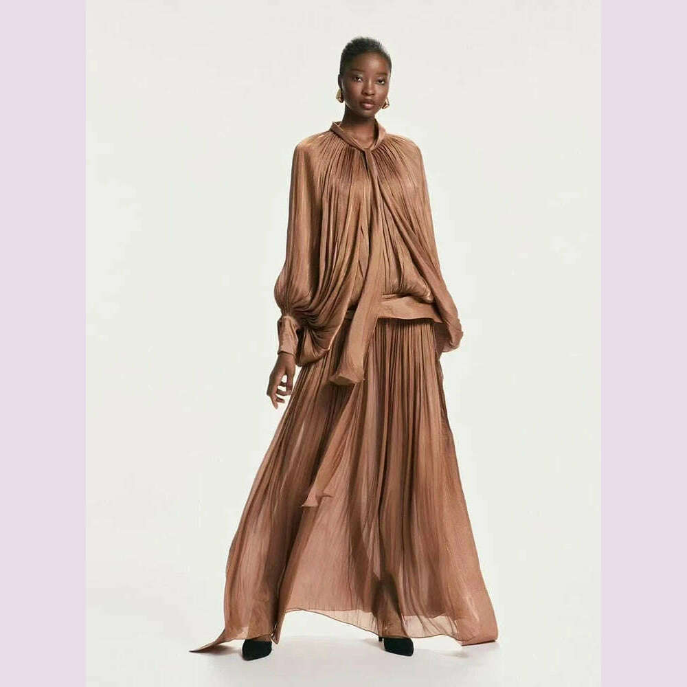 Sexy Stand Collar Long Sleeve Hollow Out Long Dress Women Brown Balck