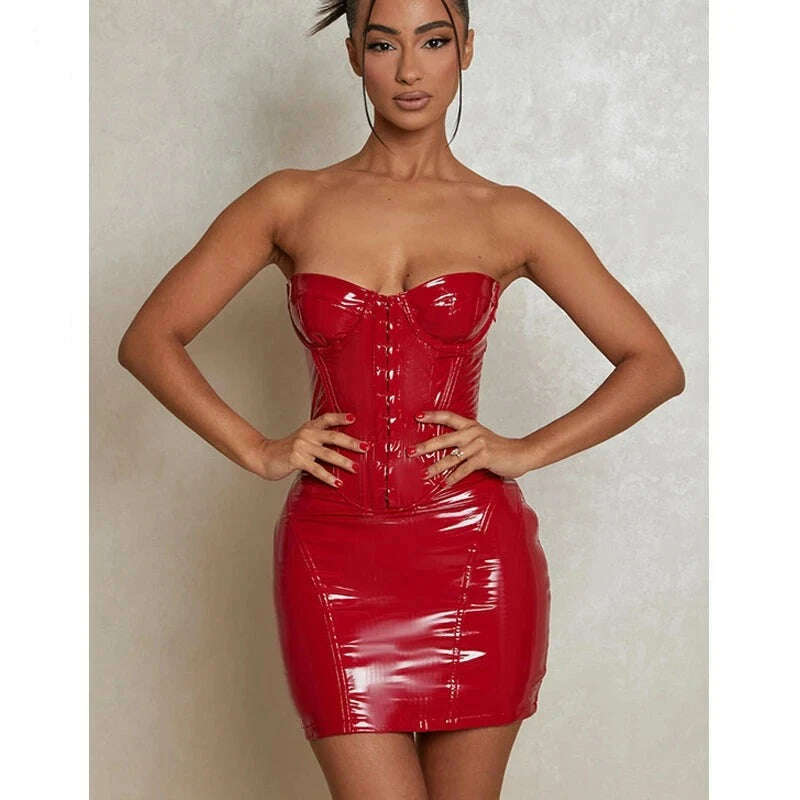KIMLUD, Sexy Strapless PU Faux Leather Bodycon Mini Dress Women Hip Wrap Bright Punk Grunge Clothes 2023 Spring Fall Birthday Luxury, KIMLUD Womens Clothes