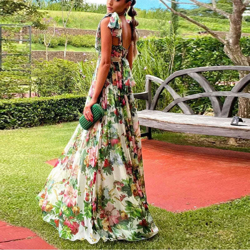 maxi beach dress women Chiffon Floral Bow Straps Pleated Maxi Dress