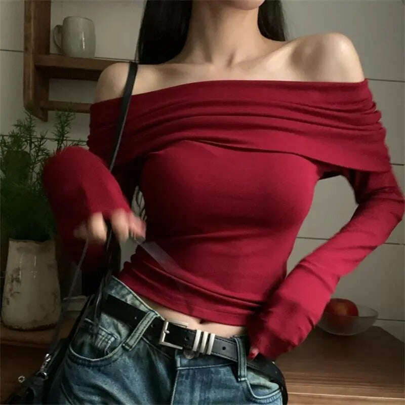 KIMLUD, Sexy Tops Off Shoulder Long Sleeve Crop Top Women's Autumn/Winter 2023 New Spicy Girl Slim Fit Short Red T-shirt, KIMLUD Womens Clothes