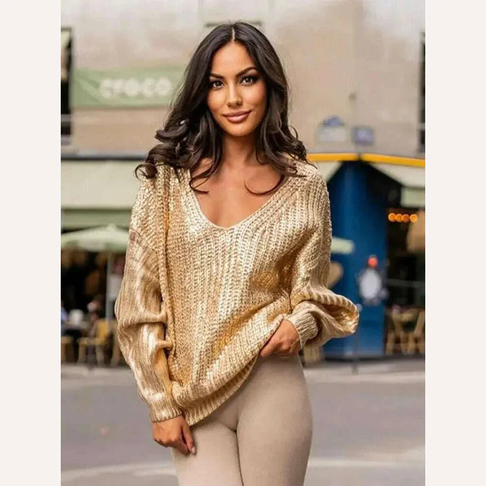 KIMLUD, V-neck Bright Color Sweater For Women Fashion Loose Long Sleeve Jumper Chic Warm Highstreet Pullover Autumn Winter, KIMLUD Womens Clothes