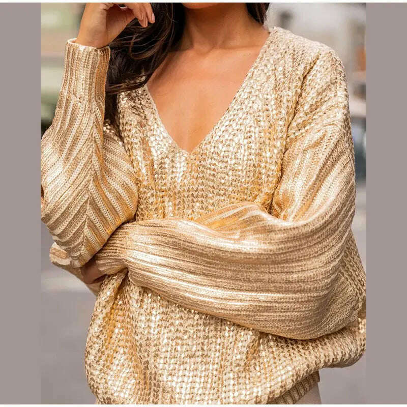 KIMLUD, Sexy V-neck Bright Color Sweater For Women Fashion Loose Long Sleeve Jumper Chic Warm Highstreet Pullover 2023 Autumn Winter, KIMLUD Womens Clothes