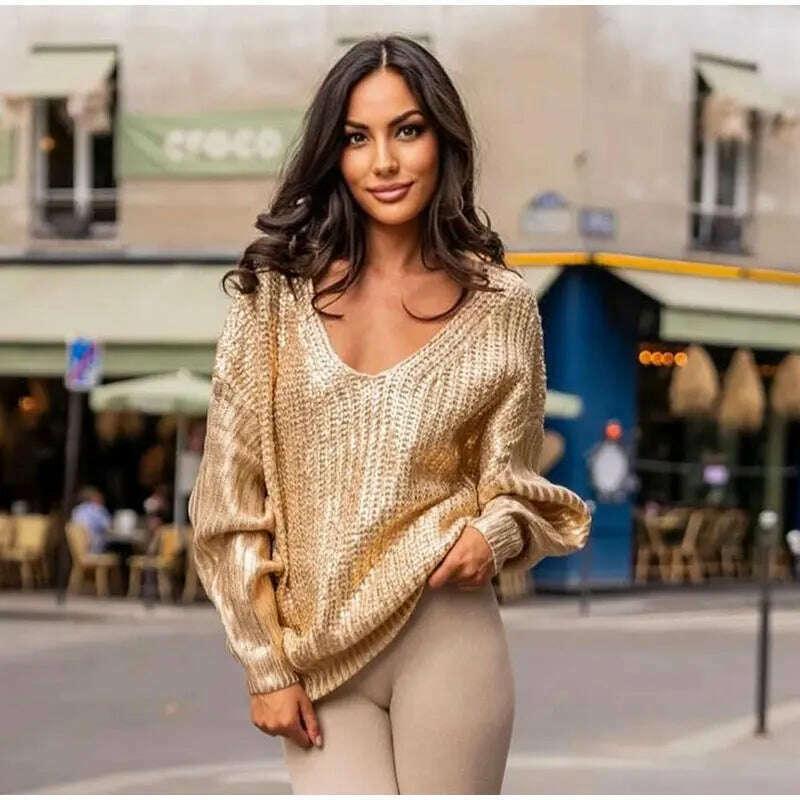 KIMLUD, V-neck Bright Color Sweater For Women Fashion Loose Long Sleeve Jumper Chic Warm Highstreet Pullover Autumn Winter, KIMLUD Womens Clothes