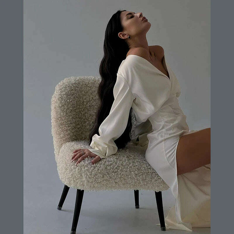 KIMLUD, Sexy V Neck Long Sleeve Bodycon Midi Dress Women Ruched Wrap High Slit Party Vestido 2023 Spring Fall Harajuku Y2K Clothes, WHITE / S, KIMLUD APPAREL - Womens Clothes