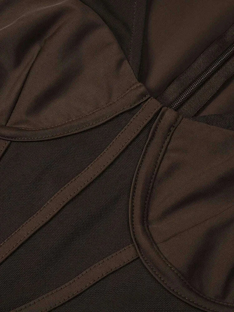 Sexy V Neck Mesh Patchwork See Though Midi Dress Women Brown Sleeveless Bodycon Dresses Runway Celebrity Evening Party Gowns