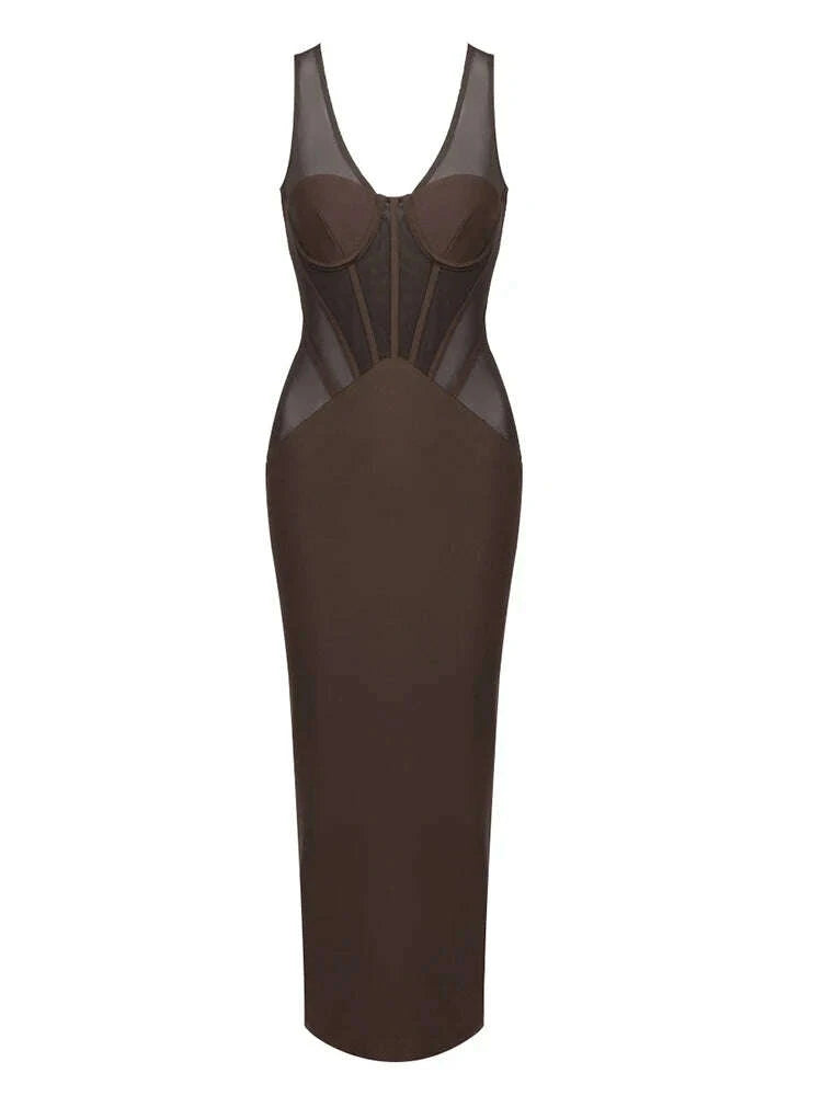 Sexy V Neck Mesh Patchwork See Though Midi Dress Women Brown Sleeveless Bodycon Dresses Runway Celebrity Evening Party Gowns