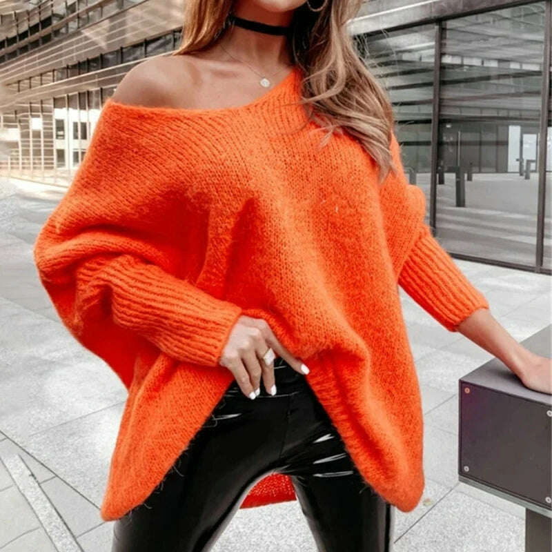 Sexy V Neck Off Shoulder Women'S Sweaters Solid Fashion Long Sleeve Mini Pullover Tops Casual Loose Twist Knitted Sweater - KIMLUD