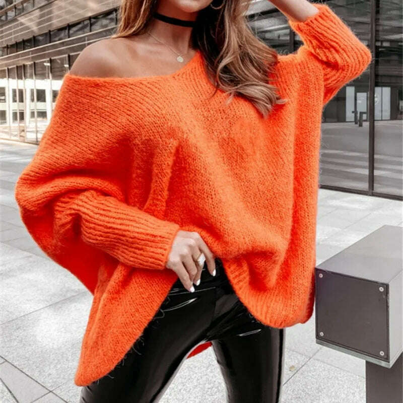 Sexy V Neck Off Shoulder Women'S Sweaters Solid Fashion Long Sleeve Mini Pullover Tops Casual Loose Twist Knitted Sweater - KIMLUD