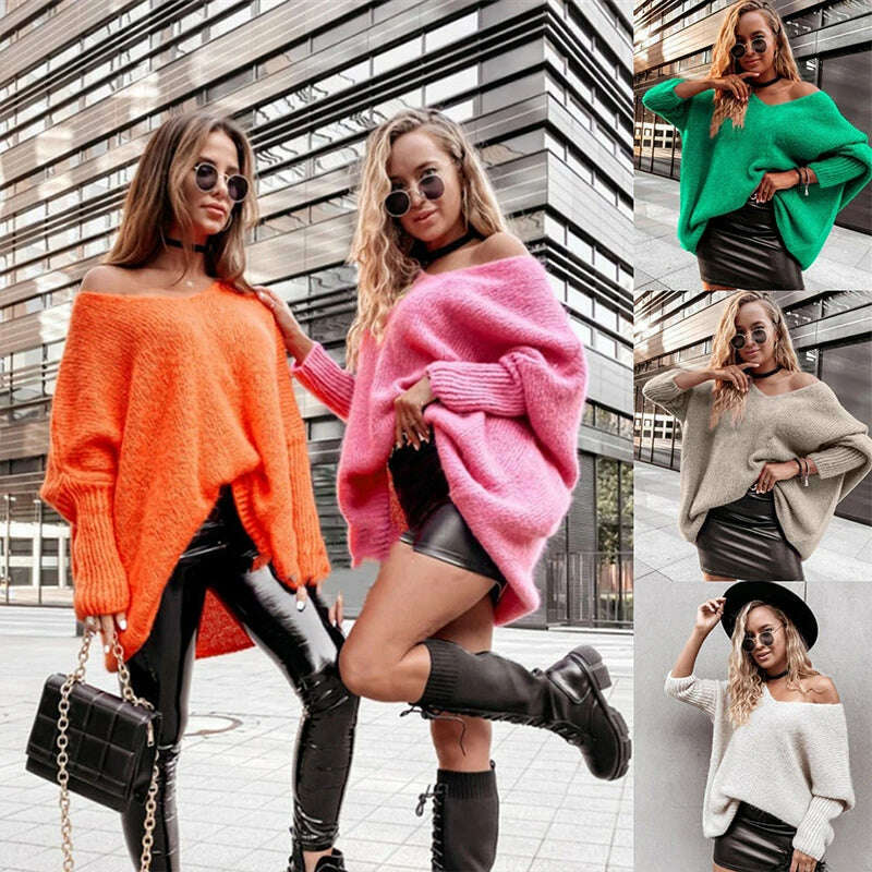 Sexy V Neck Off Shoulder Women'S Sweaters Solid Fashion Long Sleeve Mini Pullover Tops Casual Loose Twist Knitted Sweater - KIMLUD