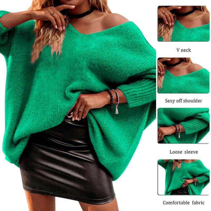 Sexy V Neck Off Shoulder Women'S Sweaters Solid Fashion Long Sleeve Mini Pullover Tops Casual Loose Twist Knitted Sweater - KIMLUD