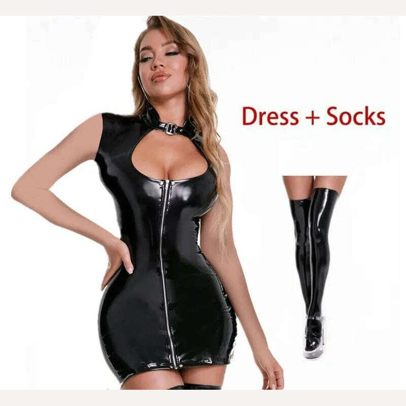 KIMLUD, Sexy Wetlook Patent Leather Dress Women Short Mini Bodycon Breast Exposing Slim PVC Latex Nightclub Dresses with Stocking, Style-3 Black-B / S-M, KIMLUD APPAREL - Womens Clothes