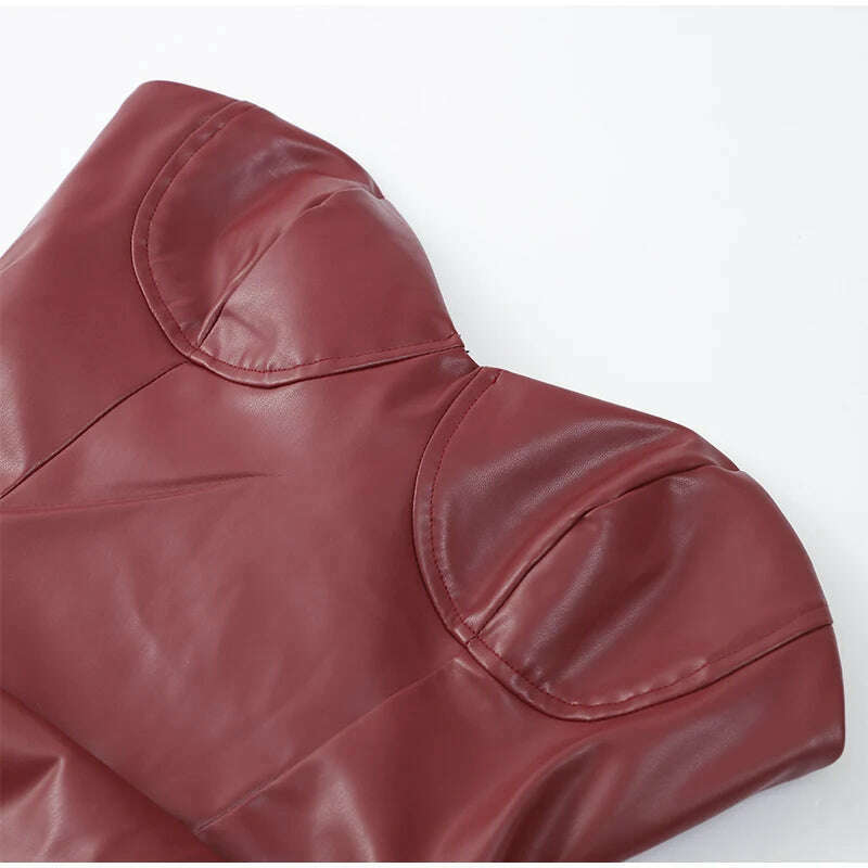 KIMLUD, Sexy Woman Strapless Burgundy Slim Leather Long Dress Elegant Back Lace Up Side Slit Sleeveless Dresses 2025 Evening Party Robe, KIMLUD Womens Clothes