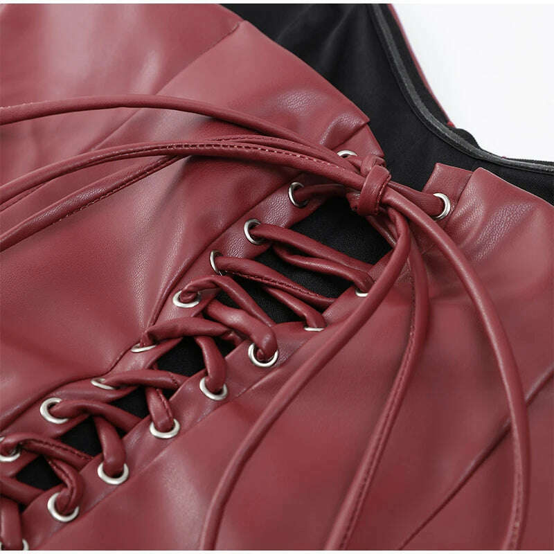 KIMLUD, Sexy Woman Strapless Burgundy Slim Leather Long Dress Elegant Back Lace Up Side Slit Sleeveless Dresses 2025 Evening Party Robe, KIMLUD Womens Clothes