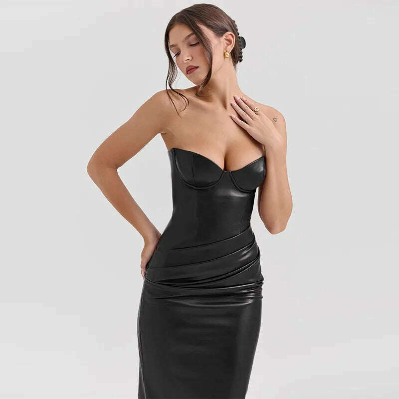 KIMLUD, Sexy Woman Strapless Burgundy Slim Leather Long Dress Elegant Back Lace Up Side Slit Sleeveless Dresses 2025 Evening Party Robe, KIMLUD Womens Clothes