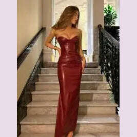 KIMLUD, Sexy Woman Strapless Burgundy Slim Leather Long Dress Elegant Back Lace Up Side Slit Sleeveless Dresses 2025 Evening Party Robe, red / M, KIMLUD APPAREL - Womens Clothes