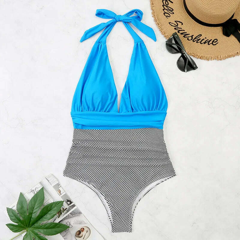 Sexy Women Bikini Simple Halter Splicing Solid Sleeveless Halter one-piece Deep V-neck swimsuit Classic Elegant Lace-up swimwear - KIMLUD