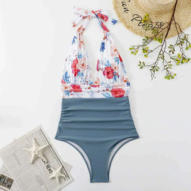 Sexy Women Bikini Simple Halter Splicing Solid Sleeveless Halter one-piece Deep V-neck swimsuit Classic Elegant Lace-up swimwear - KIMLUD