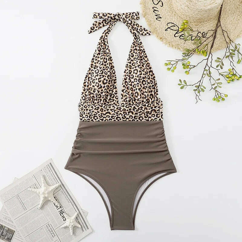 Sexy Women Bikini Simple Halter Splicing Solid Sleeveless Halter one-piece Deep V-neck swimsuit Classic Elegant Lace-up swimwear - KIMLUD