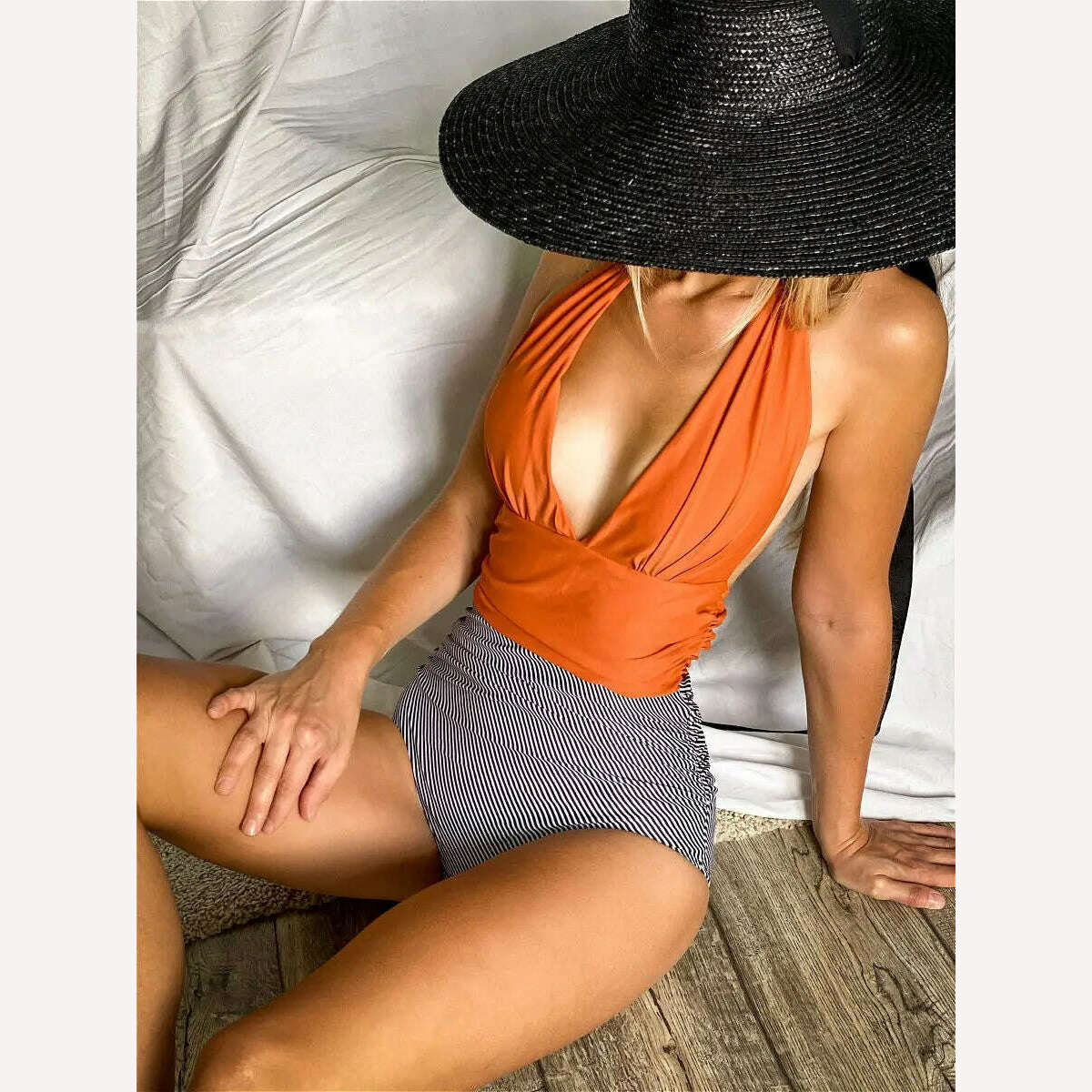 Sexy Women Bikini Simple Halter Splicing Solid Sleeveless Halter one-piece Deep V-neck swimsuit Classic Elegant Lace-up swimwear - KIMLUD