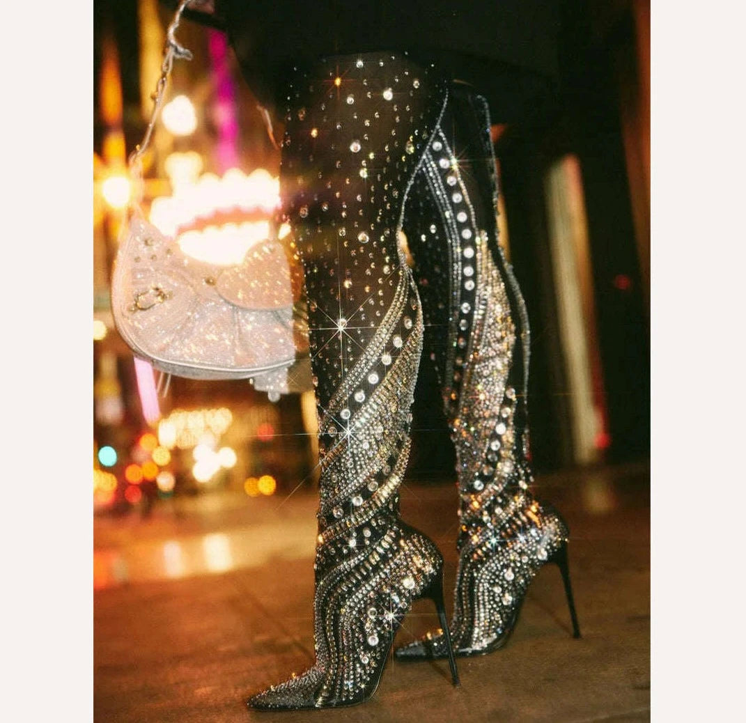 KIMLUD, Sexy Women Black Crystal Embellished Over The Knee Boots Luxury Winter Stretch Thigh High Boots Party Shoes Woman Botas Mujer, KIMLUD Women's Clothes