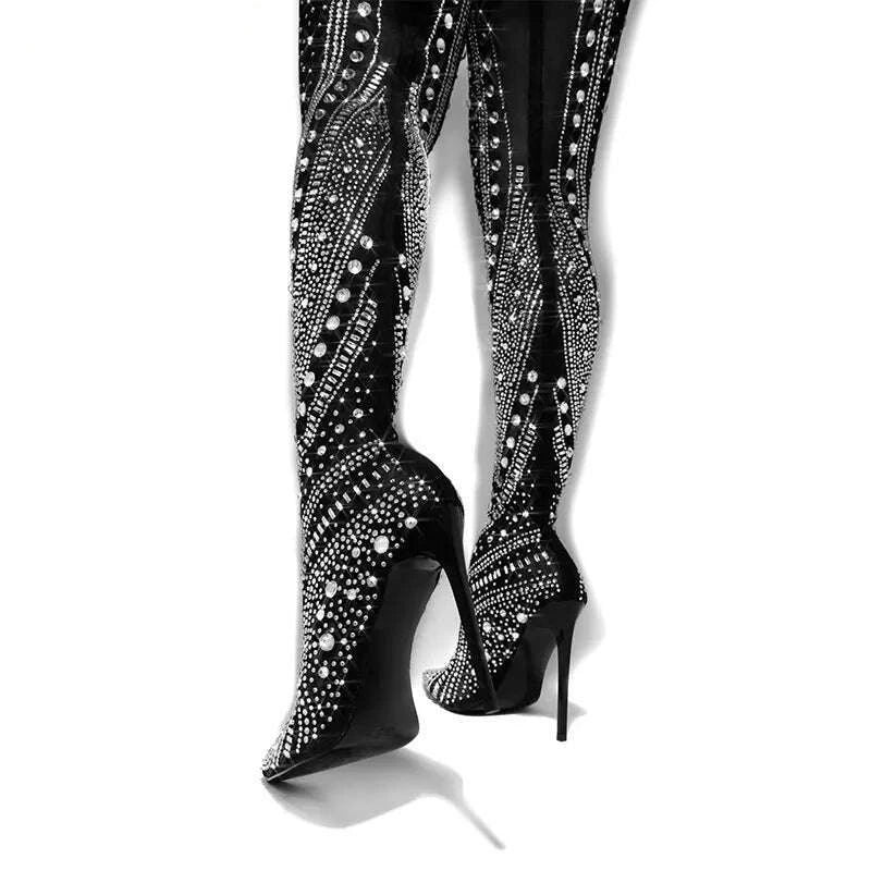 KIMLUD, Sexy Women Black Crystal Embellished Over The Knee Boots Luxury Winter Stretch Thigh High Boots Party Shoes Woman Botas Mujer, KIMLUD Womens Clothes