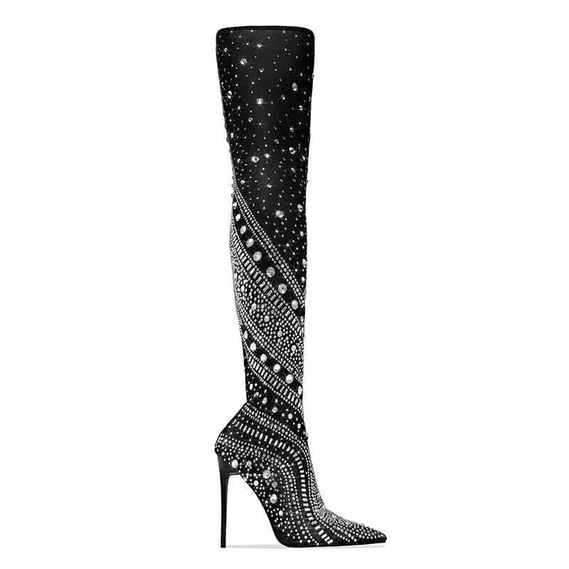 KIMLUD, Sexy Women Black Crystal Embellished Over The Knee Boots Luxury Winter Stretch Thigh High Boots Party Shoes Woman Botas Mujer, KIMLUD Womens Clothes