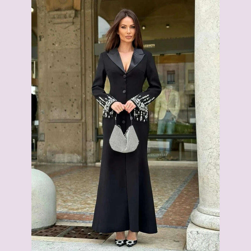 Sexy Women Black White Long Sleev Crystal Design V Necke Diamond Beads Long Dress Single Breasted Slim Dresses Elegant Evening - KIMLUD