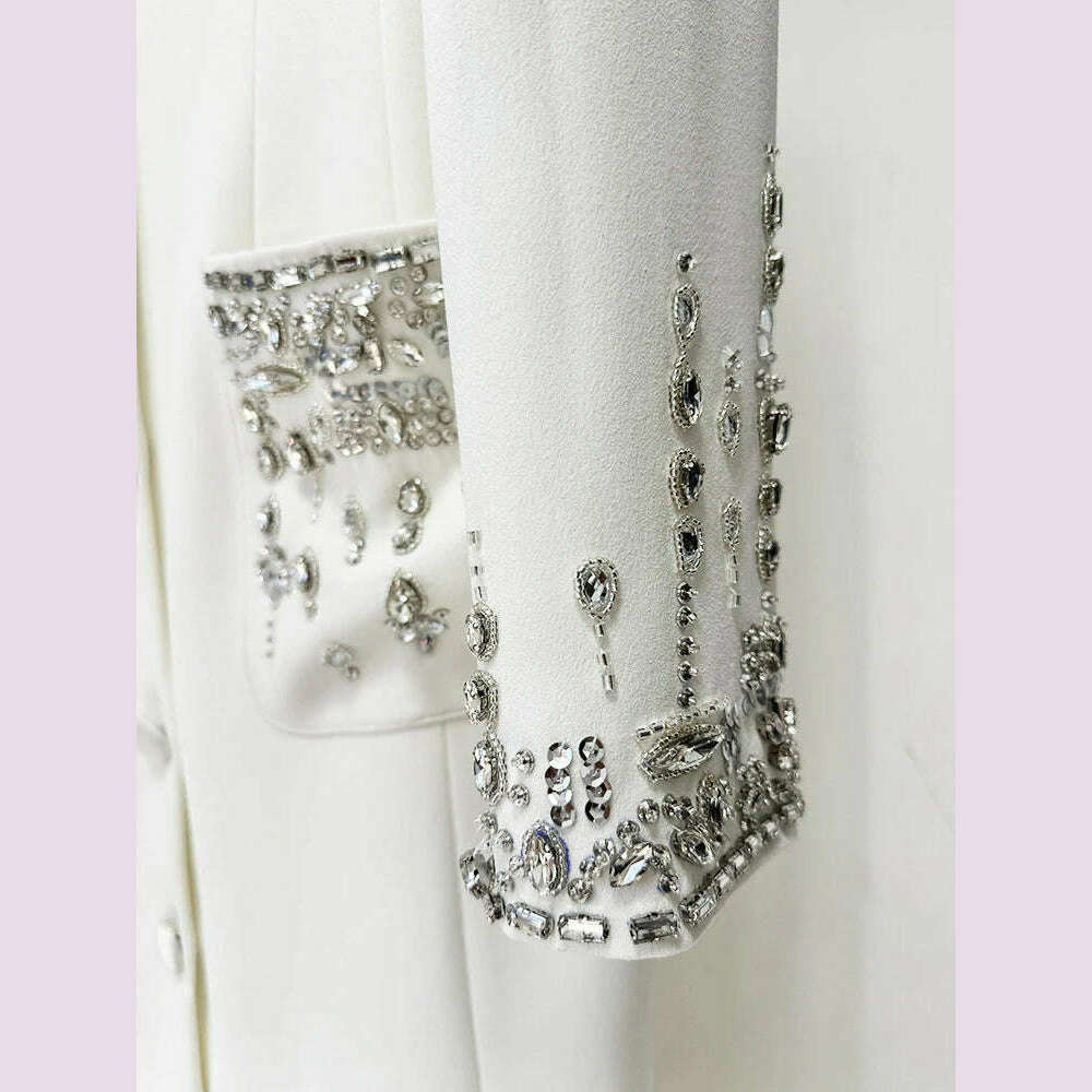 Sexy Women Black White Long Sleev Crystal Design V Necke Diamond Beads Long Dress Single Breasted Slim Dresses Elegant Evening - KIMLUD