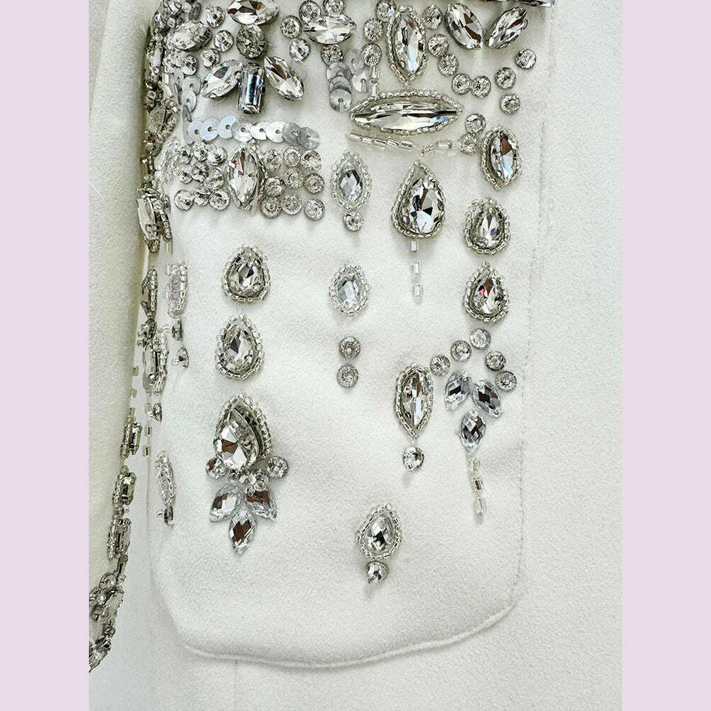 Sexy Women Black White Long Sleev Crystal Design V Necke Diamond Beads Long Dress Single Breasted Slim Dresses Elegant Evening - KIMLUD