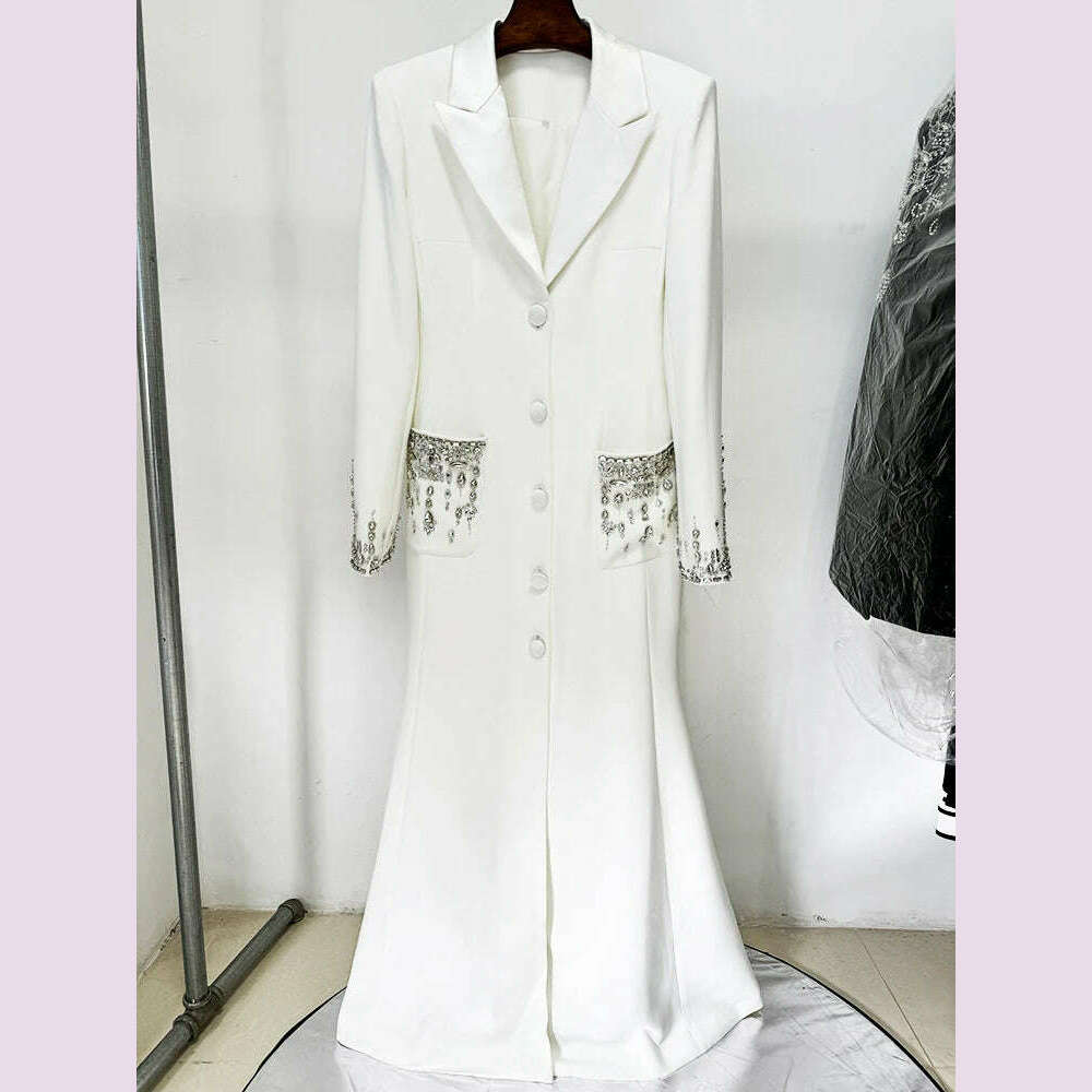 Sexy Women Black White Long Sleev Crystal Design V Necke Diamond Beads Long Dress Single Breasted Slim Dresses Elegant Evening - KIMLUD