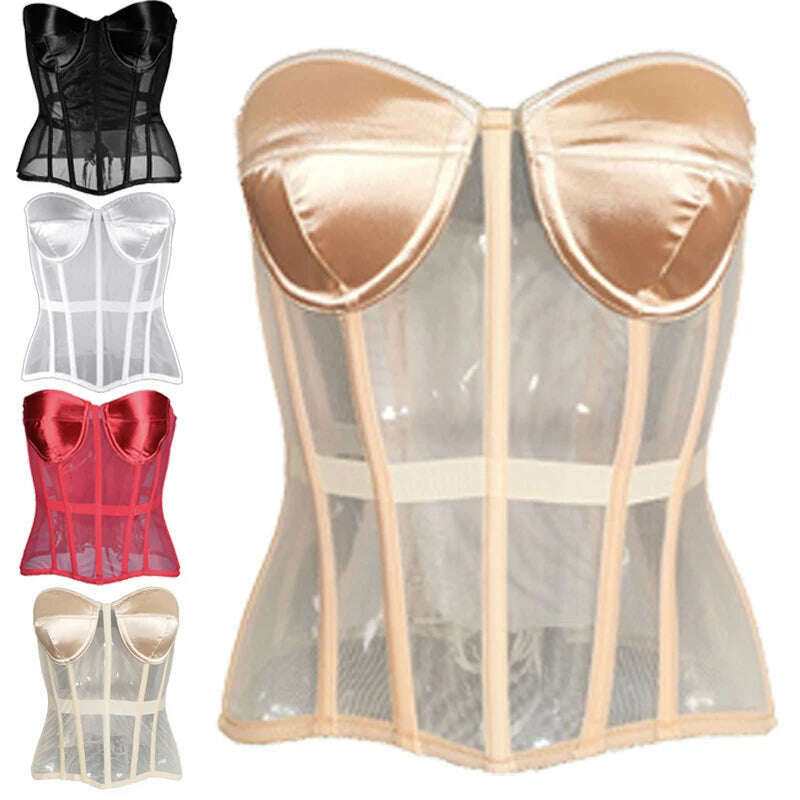 Sexy Women Sheer Bustier Lace Up Corset Top Corset Boned Waist Trainer