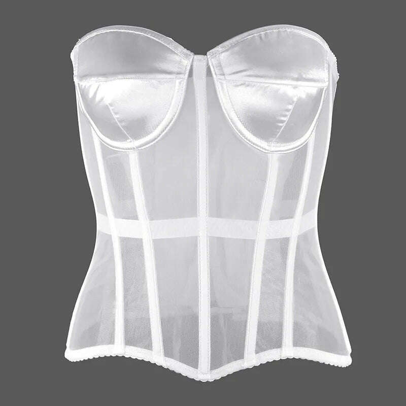 Sexy Women Sheer Bustier Lace Up Corset Top Corset Boned Waist Trainer Lingerie Overbust Corsets Body Shaper Corsets for Women - KIMLUD