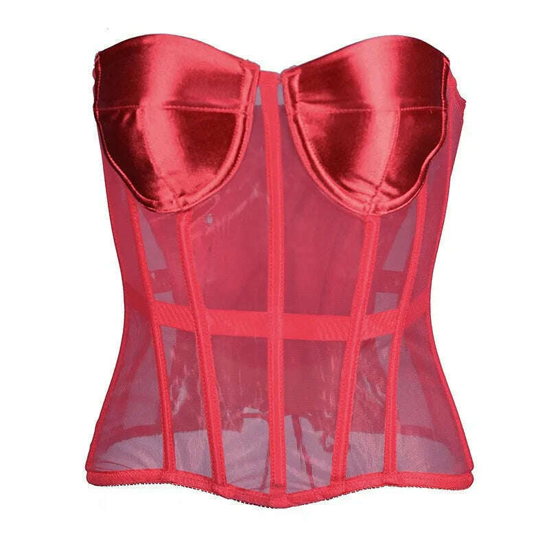 Sexy Women Sheer Bustier Lace Up Corset Top Corset Boned Waist Trainer Lingerie Overbust Corsets Body Shaper Corsets for Women - KIMLUD