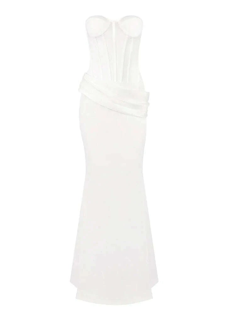 Sexy Women Two Piece Set Mesh Patchwoek Strapless Crop Top + Pleated Folds Slim Long Skirts Women's Sets Evening Party Suits