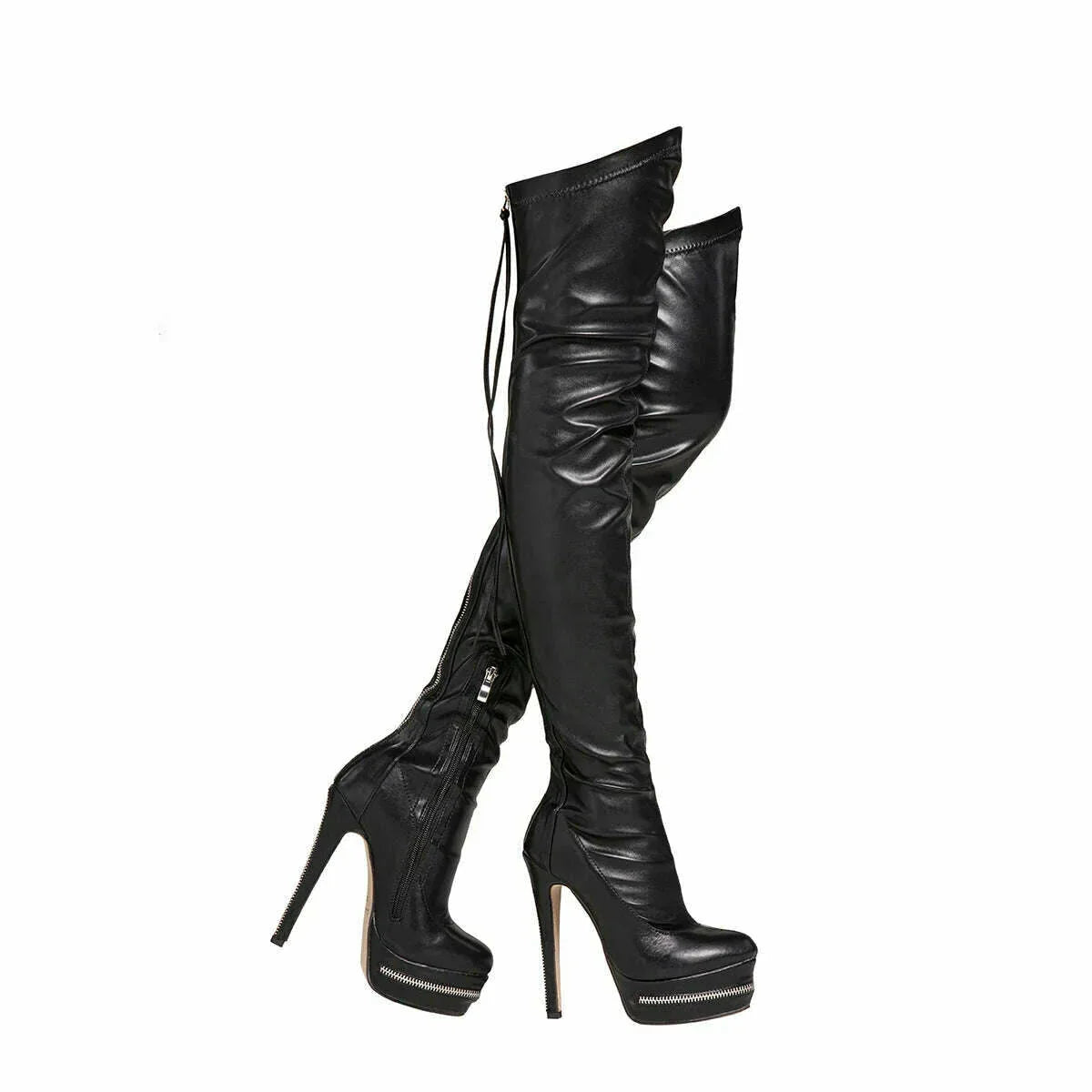 KIMLUD, Women's Over The Knee Boots Round Toe Zipper Platform Boots Punk Lace Up Thigh High Boots Plus Size 46 15cm Heel, KIMLUD Womens Clothes