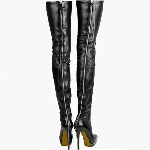 KIMLUD, Women's Over The Knee Boots Round Toe Zipper Platform Boots Punk Lace Up Thigh High Boots Plus Size 46 15cm Heel, KIMLUD Womens Clothes