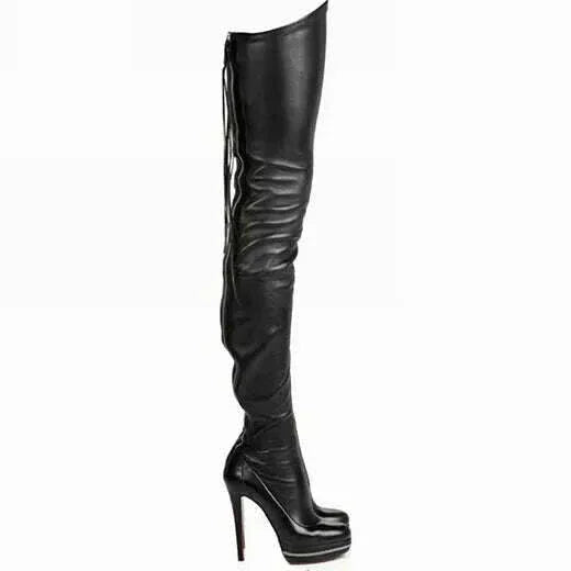 KIMLUD, Women's Over The Knee Boots Round Toe Zipper Platform Boots Punk Lace Up Thigh High Boots Plus Size 46 15cm Heel, KIMLUD Womens Clothes