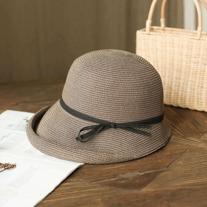 KIMLUD, Shade Straw Hat For Women Retro Foldable Pot Hat Literary Fisherman Hat Female Simple Sun Hat Casual Cool Hat, GRAY, KIMLUD APPAREL - Womens Clothes