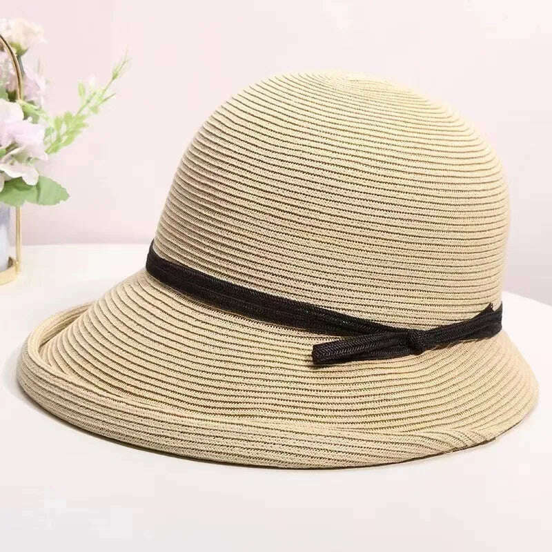 KIMLUD, Shade Straw Hat For Women Retro Foldable Pot Hat Literary Fisherman Hat Female Simple Sun Hat Casual Cool Hat, Beige, KIMLUD APPAREL - Womens Clothes