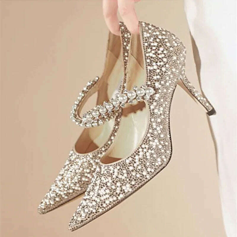 KIMLUD, Shallow Mouth Women's Single Shoes Spring and Autumn 2023 New High Heel Muller Pointed Fashion Pearl Rhinestone Mary Jane Shoes, KIMLUD Womens Clothes