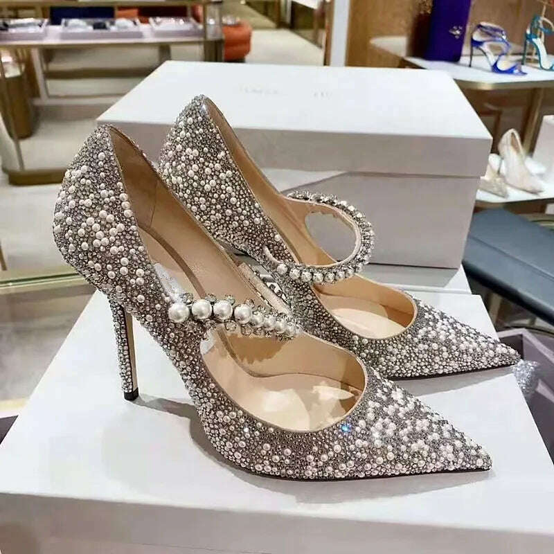 KIMLUD, Shallow Mouth Women's Single Shoes Spring and Autumn 2023 New High Heel Muller Pointed Fashion Pearl Rhinestone Mary Jane Shoes, KIMLUD Womens Clothes