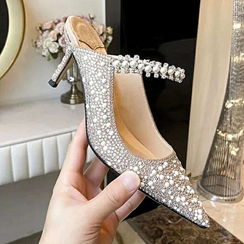 KIMLUD, Shallow Mouth Women's Single Shoes Spring and Autumn 2023 New High Heel Muller Pointed Fashion Pearl Rhinestone Mary Jane Shoes, KIMLUD Womens Clothes
