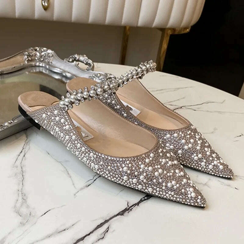 KIMLUD, Shallow Mouth Women's Single Shoes Spring and Autumn 2023 New High Heel Muller Pointed Fashion Pearl Rhinestone Mary Jane Shoes, KIMLUD Womens Clothes