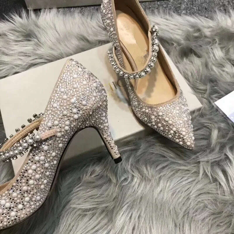 KIMLUD, Shallow Mouth Women's Single Shoes Spring and Autumn 2023 New High Heel Muller Pointed Fashion Pearl Rhinestone Mary Jane Shoes, champagne7cm / 43 / CHINA, KIMLUD APPAREL - Womens Clothes