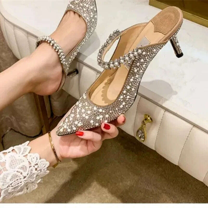 KIMLUD, Shallow Mouth Women's Single Shoes Spring and Autumn 2023 New High Heel Muller Pointed Fashion Pearl Rhinestone Mary Jane Shoes, champagne drag9cm / 36 / CHINA, KIMLUD APPAREL - Womens Clothes