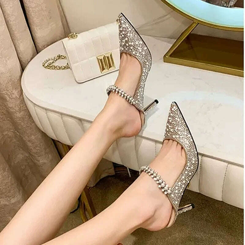 KIMLUD, Shallow Mouth Women's Single Shoes Spring and Autumn 2023 New High Heel Muller Pointed Fashion Pearl Rhinestone Mary Jane Shoes, KIMLUD Womens Clothes