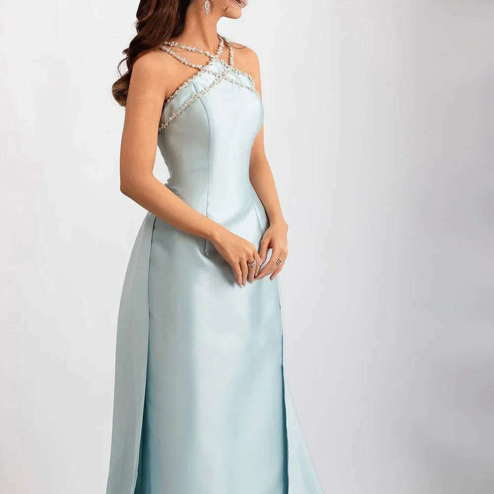 KIMLUD, Sharon Said Elegant Light Blue Satin Arabic Evening Dress for Women Weding Overskirt Formal Party Gowns SF048 Customized, KIMLUD Womens Clothes