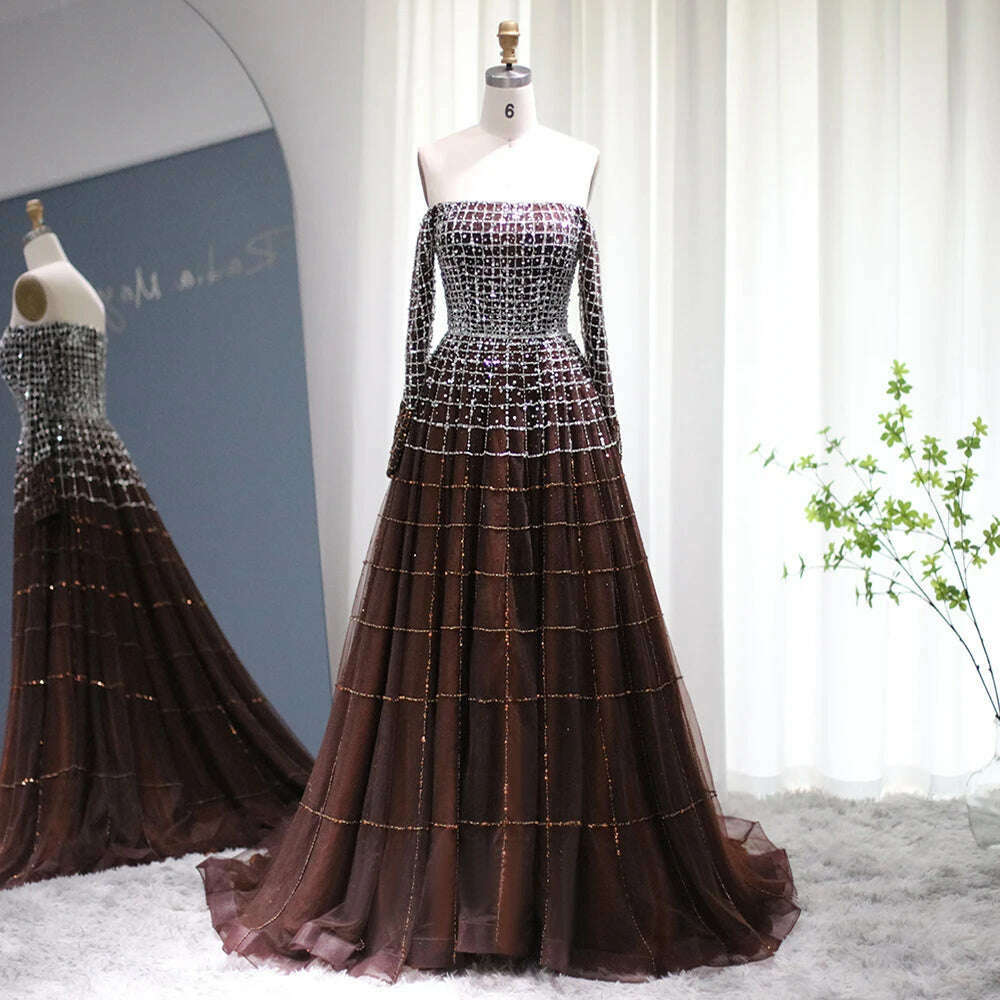 KIMLUD, Sharon Said Luxury Dubai Brown Off Shoulder Evening Dresses Long Sleeve Elegant Arabic Women Wedding Party Dress Prom Gown SS022, KIMLUD Womens Clothes