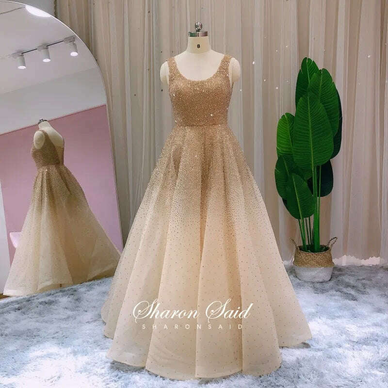KIMLUD, Sharon Said Luxury Dubai Burgundy Sparkly Crystal Ball Gown Gold Evening Dresses Party Dress Prom Gowns for Women Wedding SS208, Gold / 2, KIMLUD APPAREL - Womens Clothes