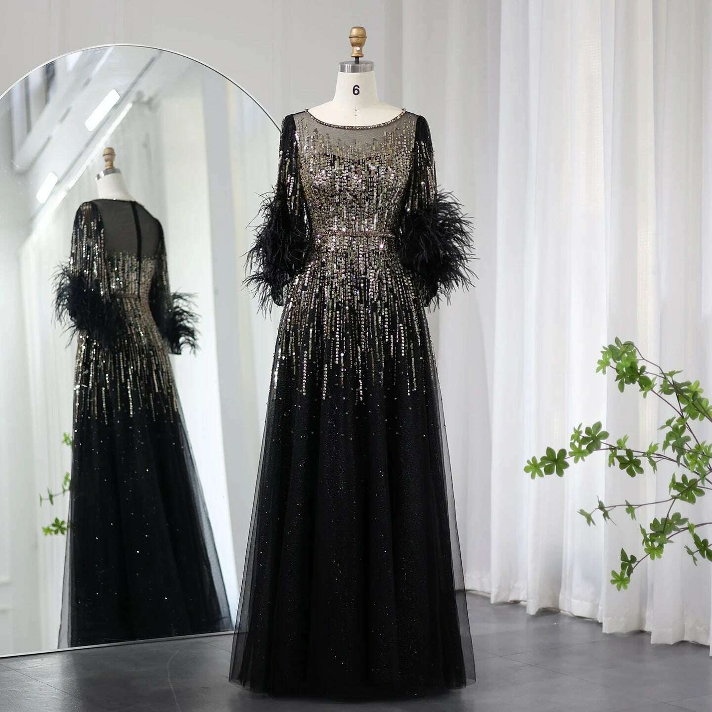KIMLUD, Sharon Said Luxury Dubai Feathers Black Evening Dresses for Women Elegant Fuchsia Arabic Half Sleeve Wedding Party Gowns SS339, black / 2 / CHINA, KIMLUD APPAREL - Womens Clothes